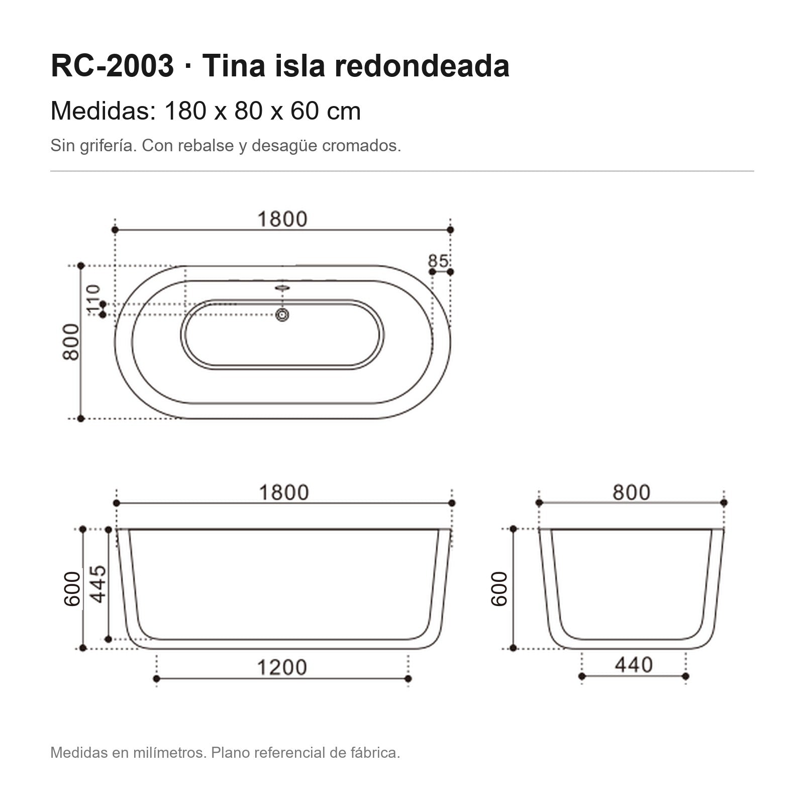 Tina isla RC-2003 sin grifería 180x80x60 – plano de medidas
