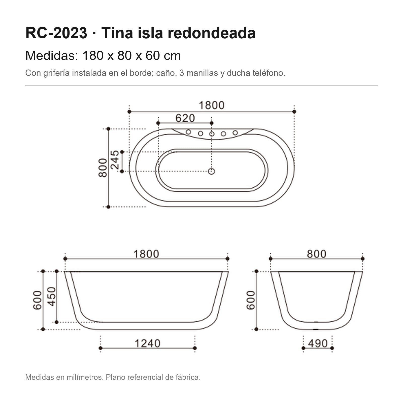 Tina isla RC-2023 con grifería 180x80x60 – plano de medidas
