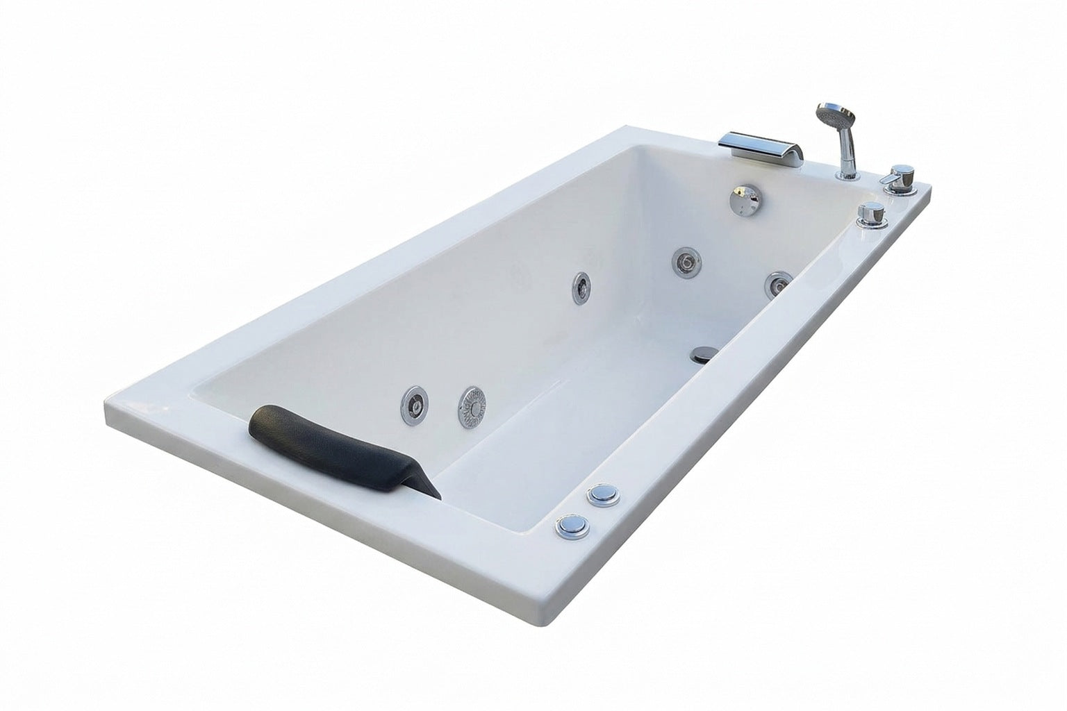 Tina hidromasaje Cube Plus blanca con grifería cascada y almohada
