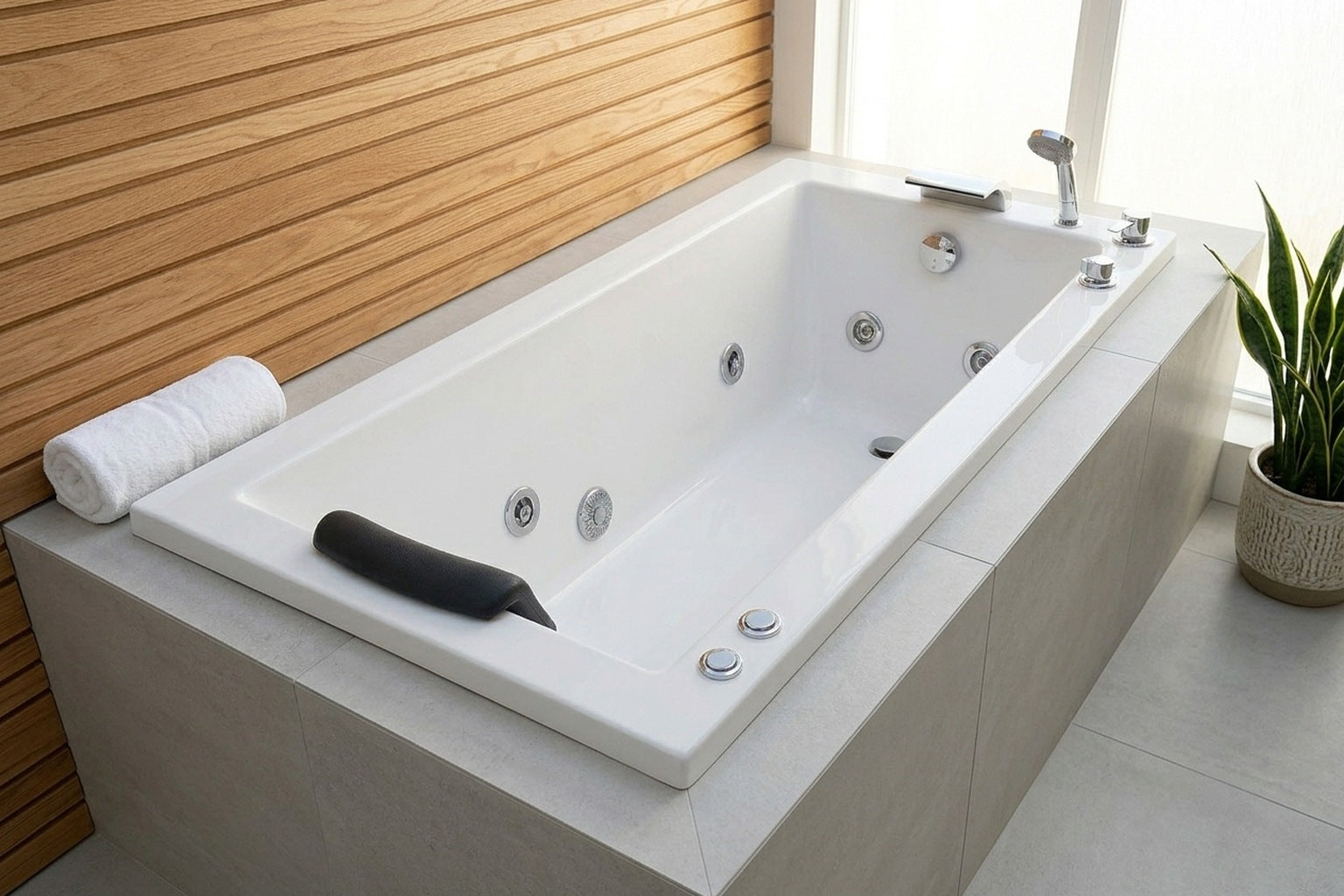 Tina hidromasaje Cube Plus empotrada en baño con muro de madera