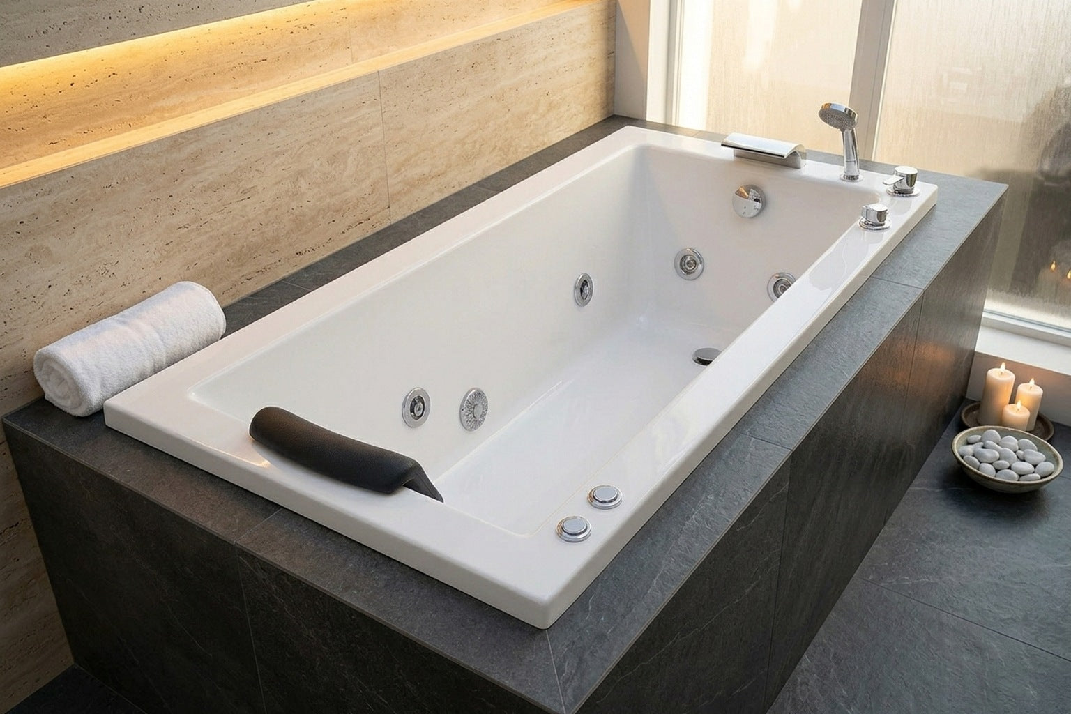 Tina hidromasaje Cube Plus empotrada en baño de piedra oscura estilo spa